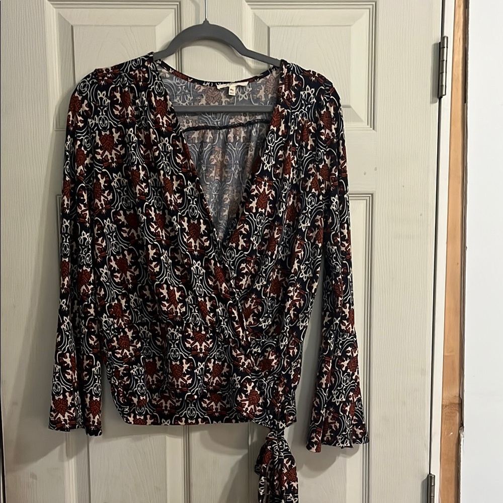 Mystree Red and Pink Bell Sleeve Wrap Blouse